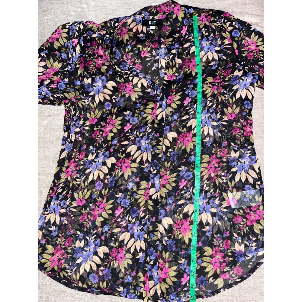 KUT from the Kloth Floral Sheer Button Down Roll Tab Blouse Black Purple Small - Picture 6 of 6